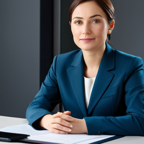 A professional businesswoman in a modest business suit, sitting at a desk in a modern office, fully clothed, appropriate attire, safe for work, perfect anatomy, natural proportions, professional photography, high quality.